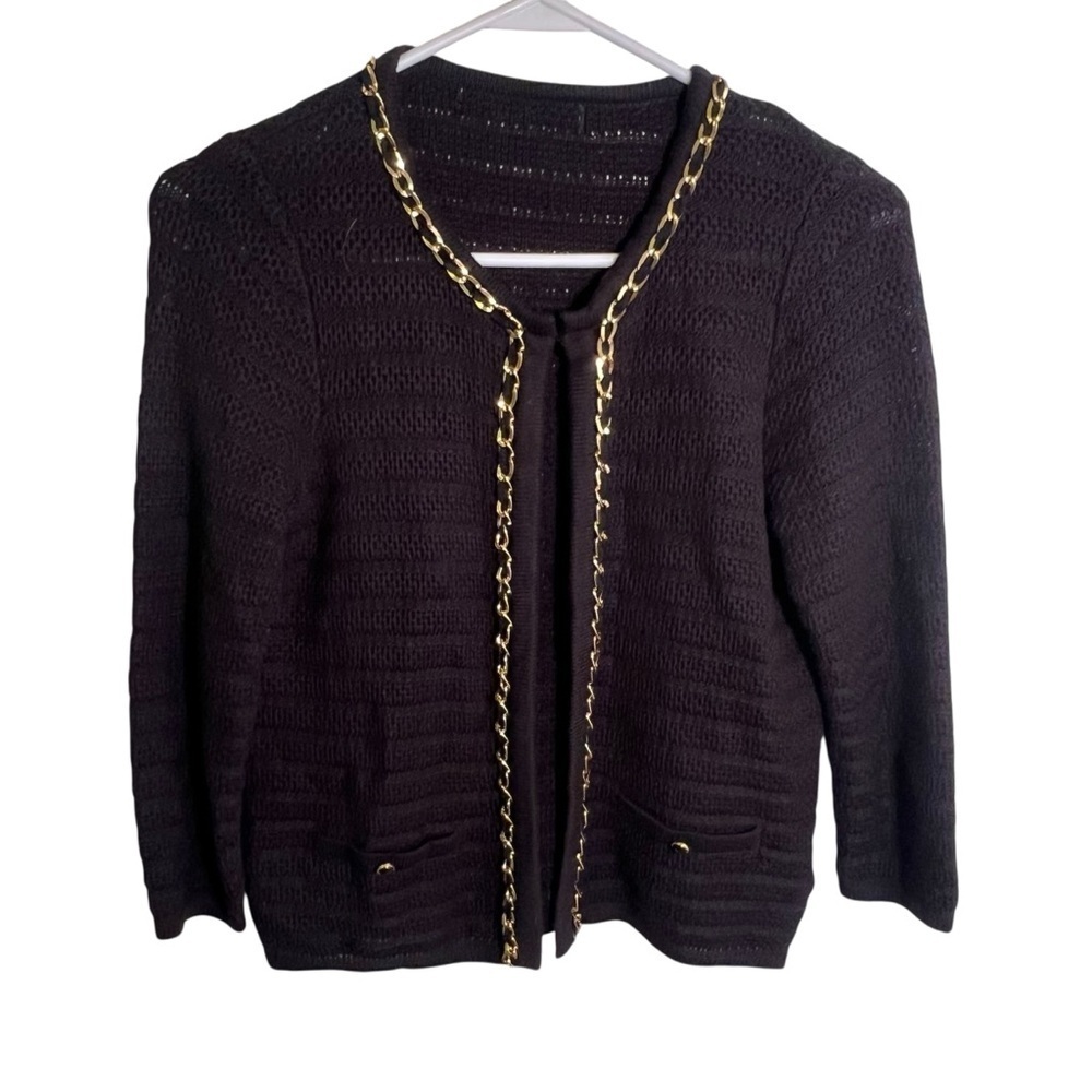 Forever 21 Women's Cardigan Sweater Black Gold Chain Detail Loose Knit Pockets